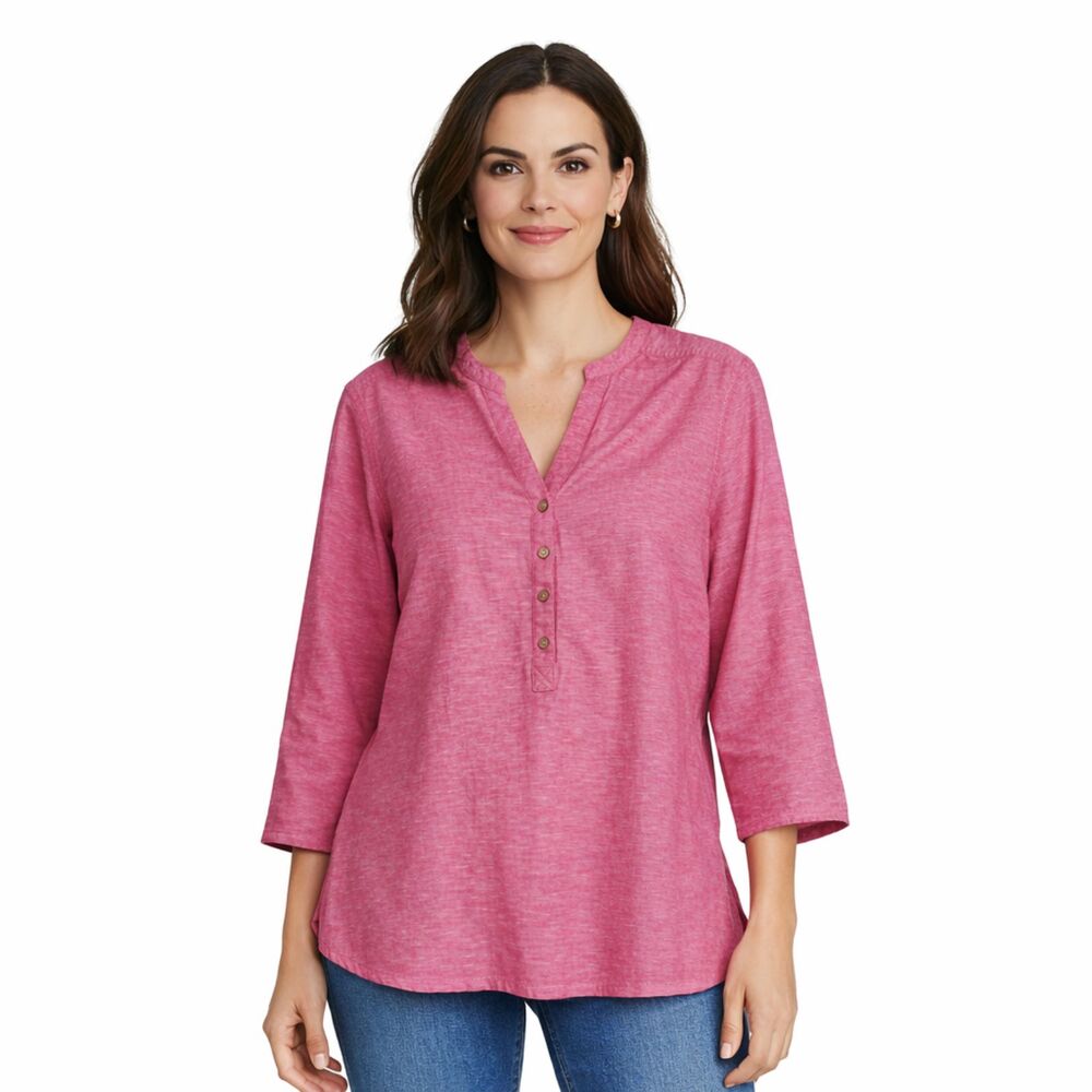 Eddie Bauer Linen Button Popover Shirt Womens Sz XL Red V Neck Tunic Top Coastal